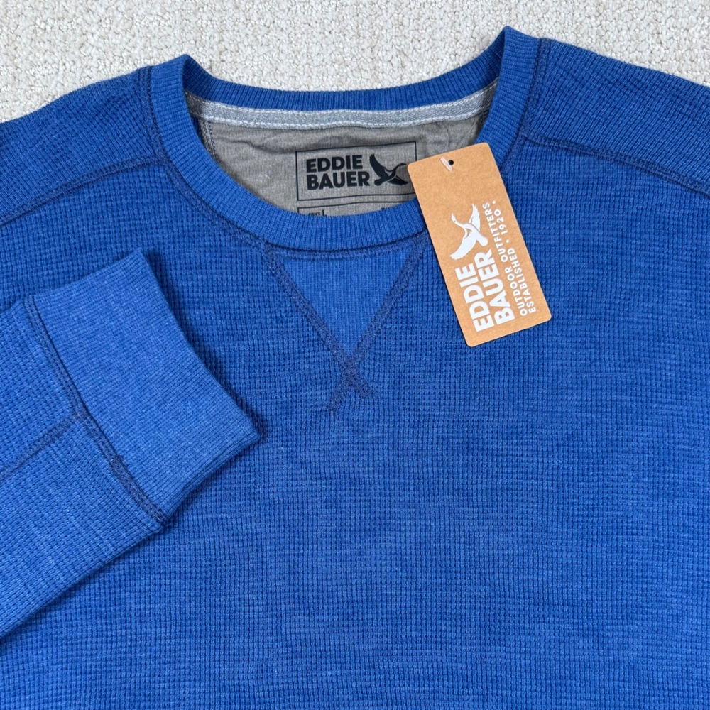 NEW Eddie Bauer Mens Large Blue Thermal Waffle Knit Crew Neck Long Sleeve Shirt